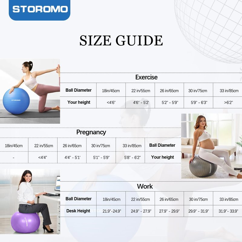 STOROMO Exercise Ball,Yoga Ball(with Exercise Tutorial)，Extra Thick Non-Slip,Holds 2500 lbs, Workout Ball for Pregnancy Birthing and Balance Stability (Purple, 85cm/33.4in)