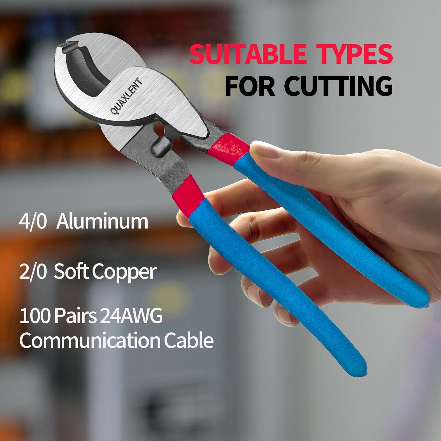 QUAXLENT 10 Inch Large Cable Cutter Heavy Duty High Leverage Big Wire Cutting Plier Tool for 4/0 Aluminum 2/0 Soft Copper and 100PR 24AWG Comm Cable, Blue