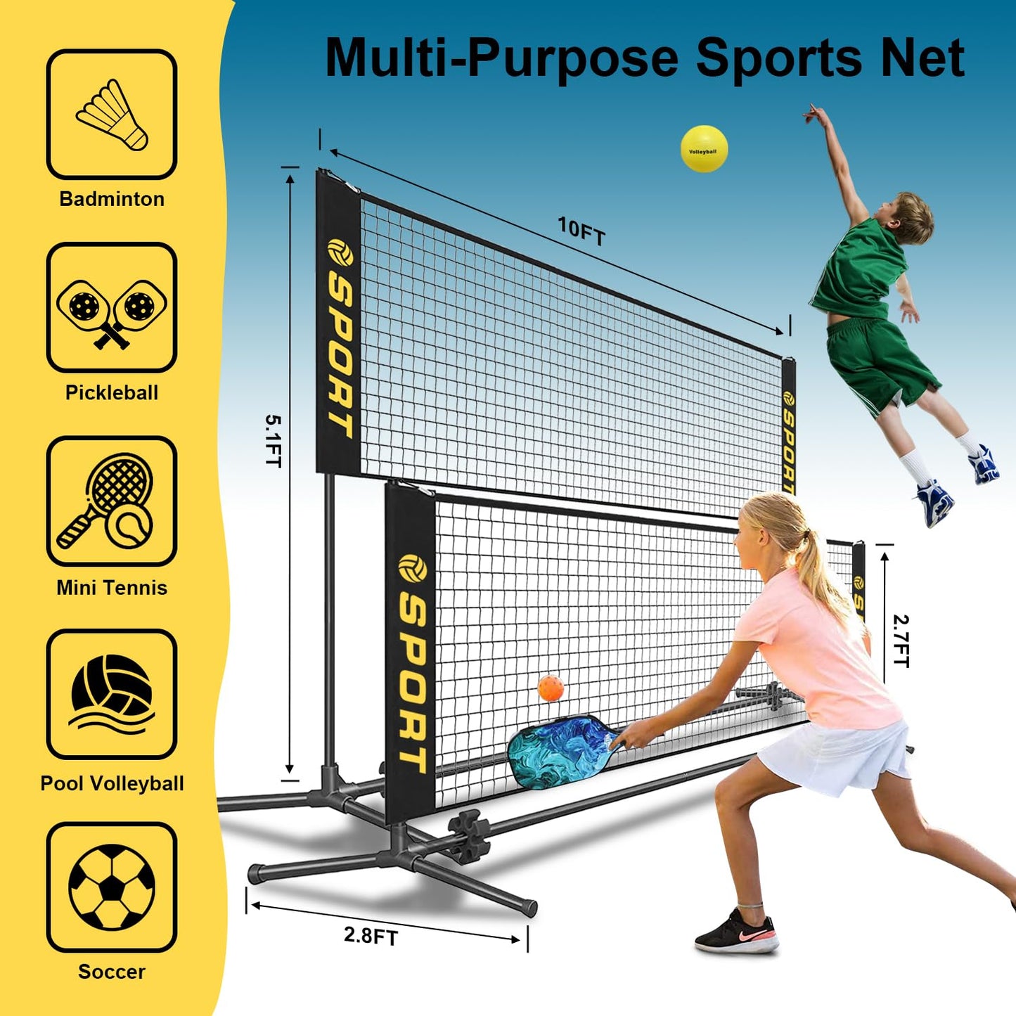 Furypiont 10 FT Mini Portable Tennis Net for Teenagers with Rubber Volleyball, with Pump and Carry Bag, Adjustable Height 2.7FT-5.1FT for Badminton Net, Volleyball Net,Soccer Net,Pickleball Net