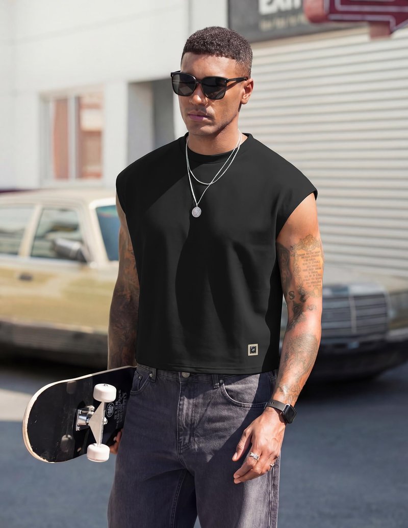 Vssjavun Mens Crop Top Cap Sleeve Oversized Shirt Gym Tank Tops Cropped T Shirts Crewneck Pullover Tee Black Medium