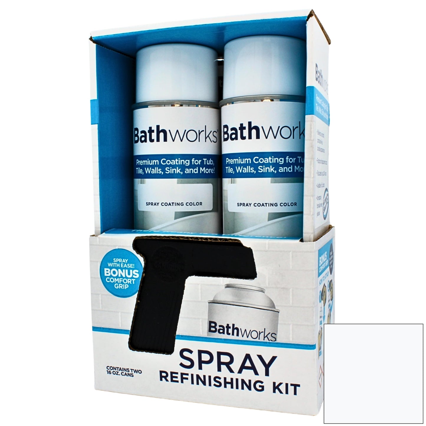 Bathworks Bathtub Refinishing Kit (WHITE); 2 Spray Cans; for Tub, Tile, & More; 32oz of Resin Paint; 24-hour dry time; with bonus comfort grip