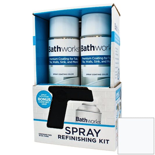 Bathworks Bathtub Refinishing Kit (WHITE); 2 Spray Cans; for Tub, Tile, & More; 32oz of Resin Paint; 24-hour dry time; with bonus comfort grip