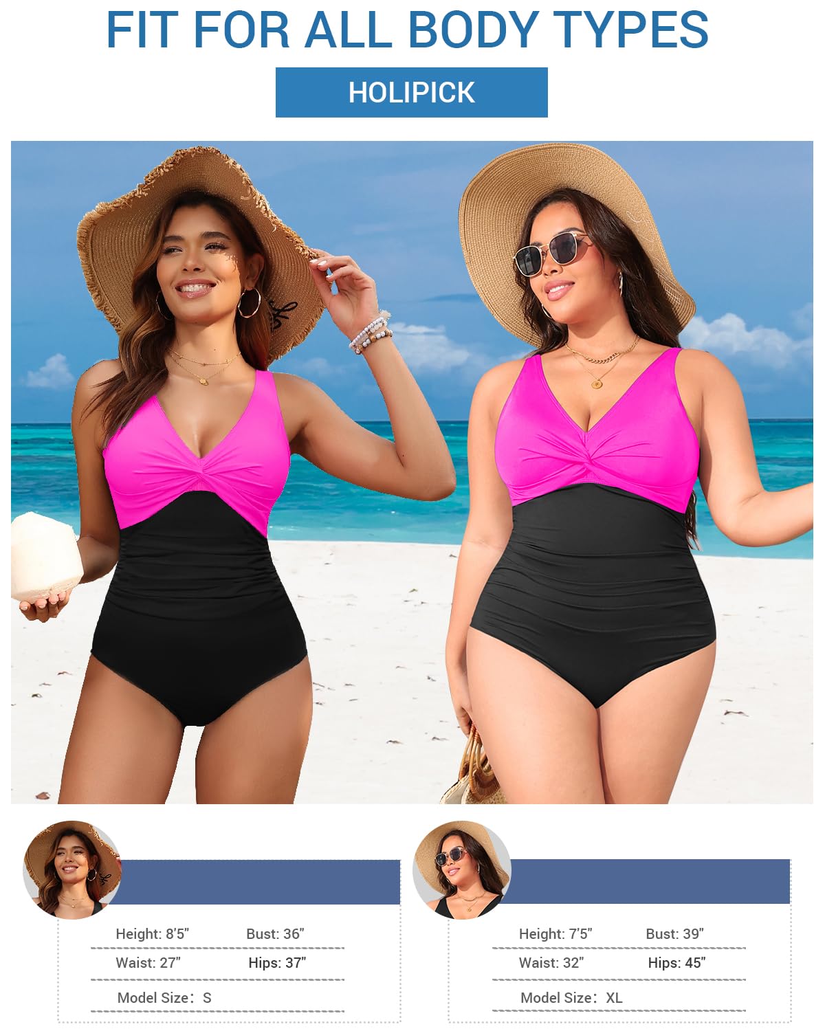 Holipick Hot Pink Black Tummy Control One Piece Swimsuit Full Coverage Bathing Suit M