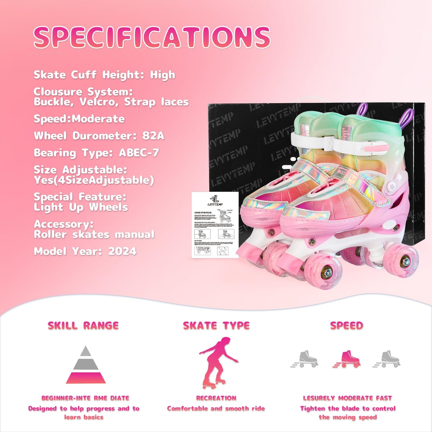 LEVYTEMP Rainbow Roller Skates for Girls Kids, Gradient Pink 4 Size Adjustable Quad Skates Size Medium Ages 6-12 with All Light Up Wheels for Kids Youth Outdoor Indoor