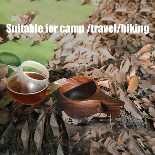 Flimjibg Coffe Mug Portable Wooden Camp Cup with Handle Kuksa Handmade Cool Hot Drinking Viking Mug Unique Natural Wood Grain for Outdoor Travel Hiking Men Women