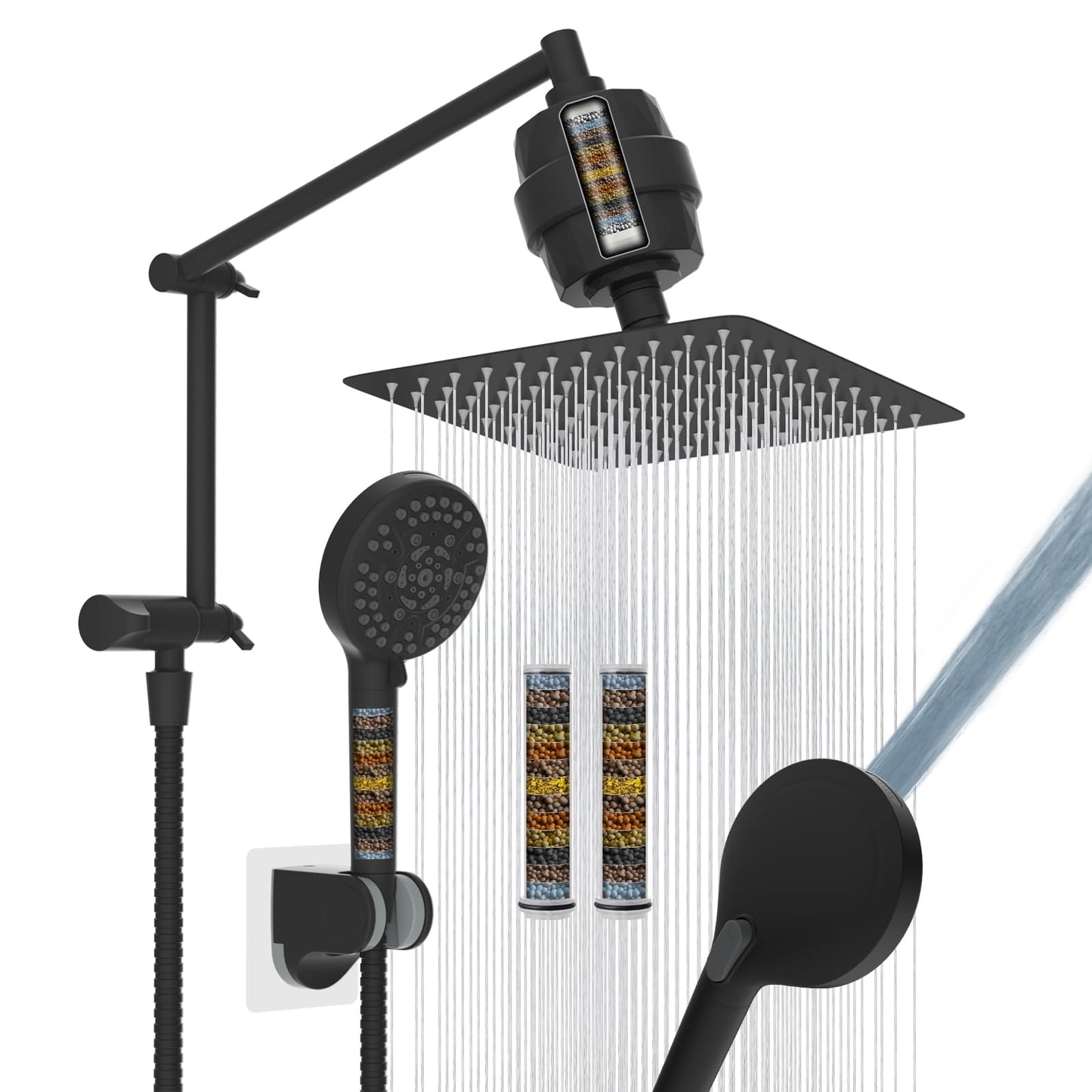iFealClear Metal Rain Filtered Shower Head, 10” High Pressure Rainfall Shower Head with Handheld Spray, 10 Mode Handheld Powerful Wash, 16" Adjustable Extension Arm, 2 Pack Shower Filters, Matte Black