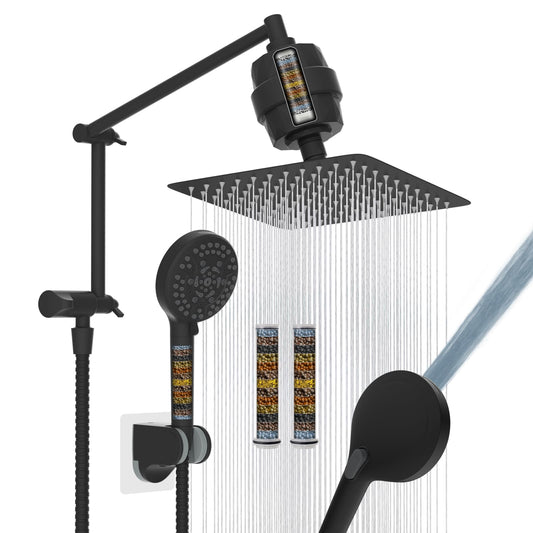 iFealClear Metal Rain Filtered Shower Head, 10” High Pressure Rainfall Shower Head with Handheld Spray, 10 Mode Handheld Powerful Wash, 16" Adjustable Extension Arm, 2 Pack Shower Filters, Matte Black