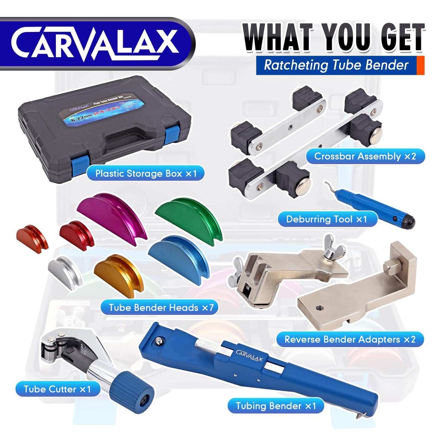 CARVALAX 90° Ratcheting Tube Bender Kit - 7 Color-Coded Aluminum Heads for 1/4" to 7/8" Pipes, Reverse-Bend Adapters & Portable Toolbox, Tube Cutter & Deburring for HVAC/Hydraulic Projects (Blue）