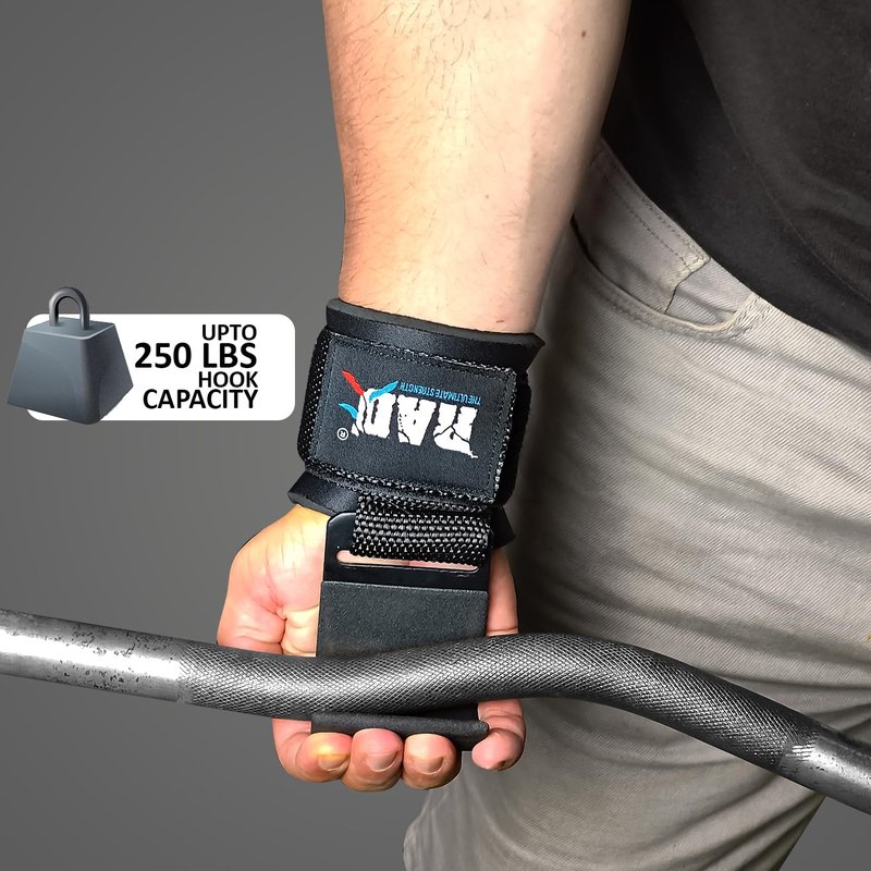 RAD Weight Lifting Hooks for Men & Women – Heavy Duty Gym Hooks with Thick Wrist Padding – Lifting Straps with Hooks for Deadlifts, Pull-Ups, Rows & Powerlifting – Black (Pair)