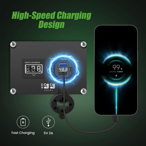 10L0L Golf Cart USB Ports 2 in 1 Dual Outputs & LED Display Voltage Meter Universal for Club Car, EZGO & Yamaha, Quick Charge 3.1A,Metal Shell Safe Charging Socket 9V-48V Voltage Input