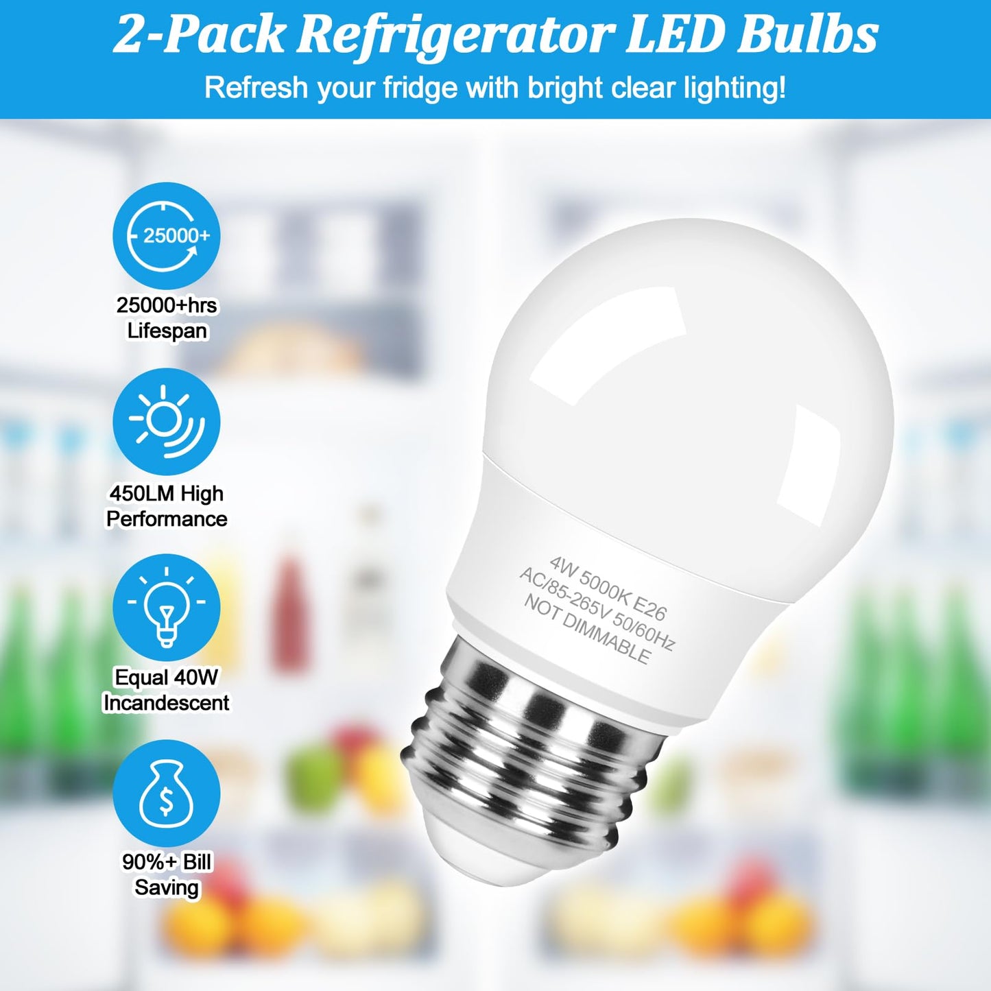 3-Pack A15 Refrigerator Light Bulb 40W Equivalent, 120V Fridge Waterproof LED Bulbs 4W Daylight White 5000K, E26 Base Freezer Home Lighting, Non-dimmable