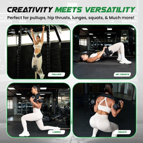 Heavy Duty Hip Thrust Belt for Dumbells, Kettlebells, and Plates - Glute Workout at Home, Gym, and Travel - Dip and Pullup Belt (Chain Included) Comfortable Padding, Double-Stitching (Black)