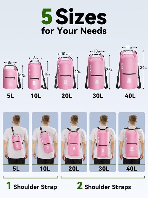 HEETA Waterproof Dry Bag - Lightweight Roll Top Storage with Front Zipper Pocket | 5L/10L/20L/30L/40L for Travel, Kayaking & Hiking
