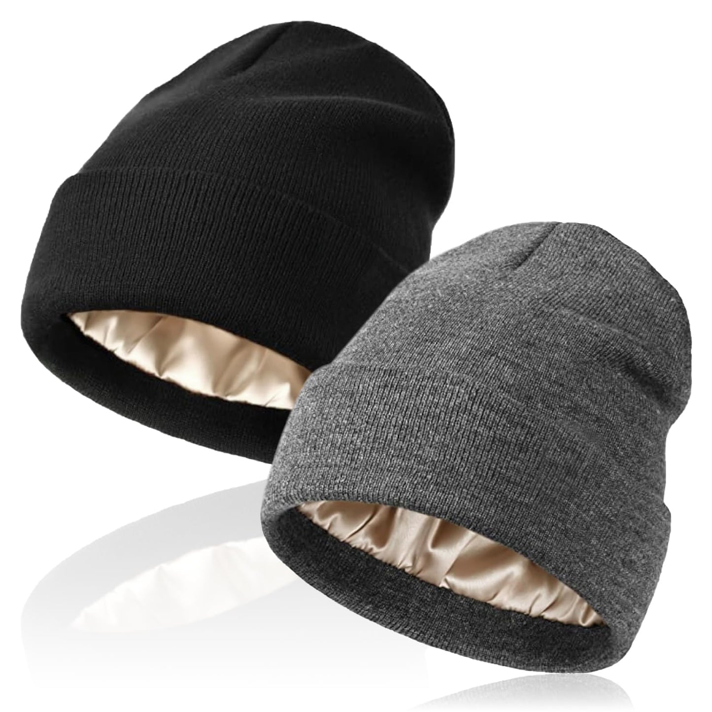 LEADUWAY 2 Pack Beanie Hats for Women & Men Winter, Satin Lined Beanies, Double Layer Warm Womens Winter Hats (US, Alpha, One Size, Black/Dark Grey