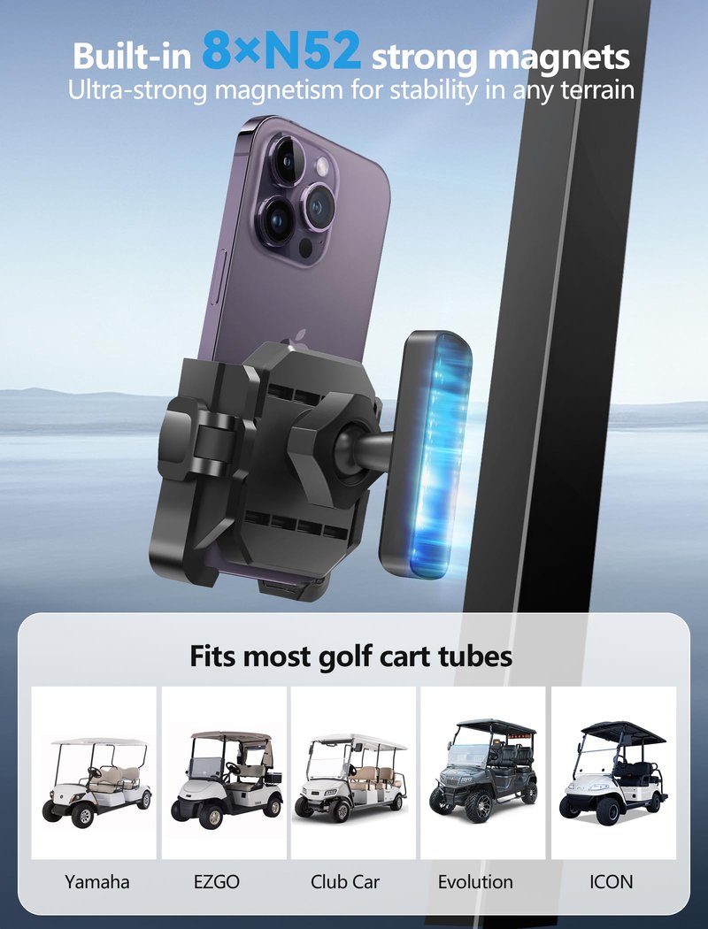 TOPGO [2025 Upgraded] Magnetic Golf Cart Phone Holder for Club Car/EZGO/Yamaha, Universal Phone Holder Up to 7 inch for iPhone/Galaxy/Pixel, Golf Accessories for Men Women