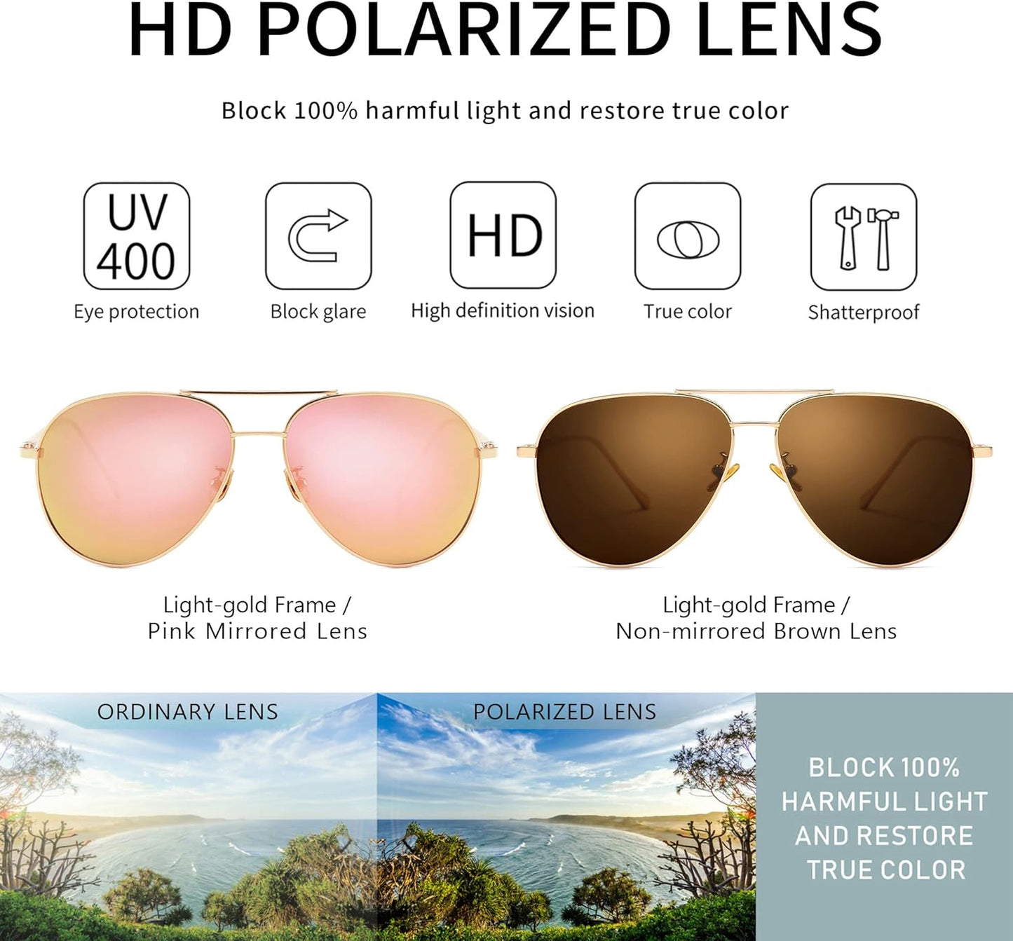 SUNGAIT Women's Aviator Sunglasses - Lightweight Oversized Design with Mirrored Polarized Lenses