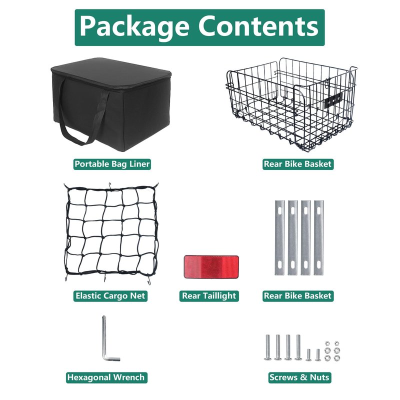 Folding Bike Basket Rear, Bike Rear Rack with PU Waterproof Liner Bag and Net Cover, Bicycle Baskets for Adult/Kids Bikes, Panniers Bike Bags of Bicycle Accessories