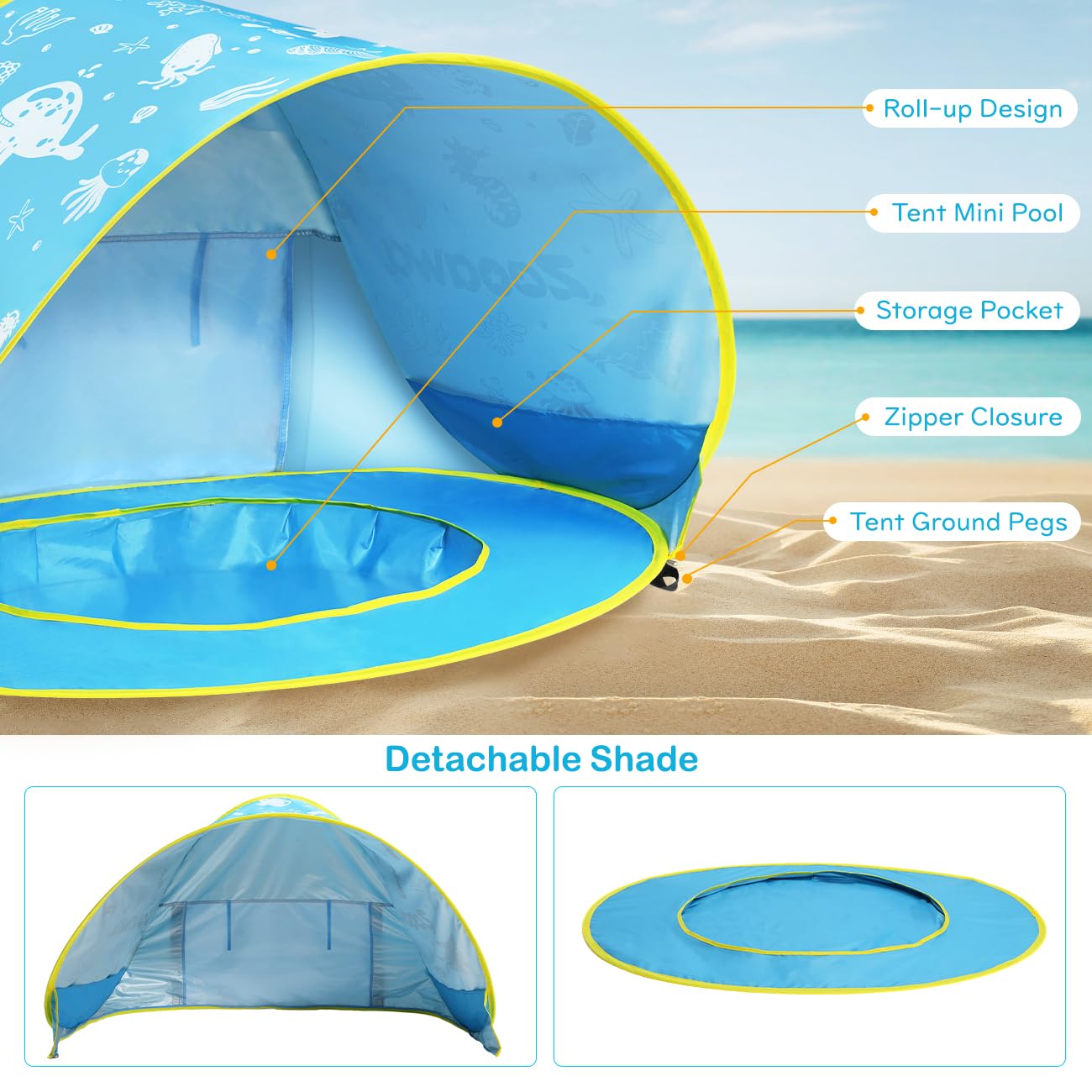 Zooawa Baby Beach Tent, Pop Up Beach Tent Sun Shade for Beach, Portable Shade Pool UV Protection Sun Shelter for Infant with Beach Sand Toys Set, Blue