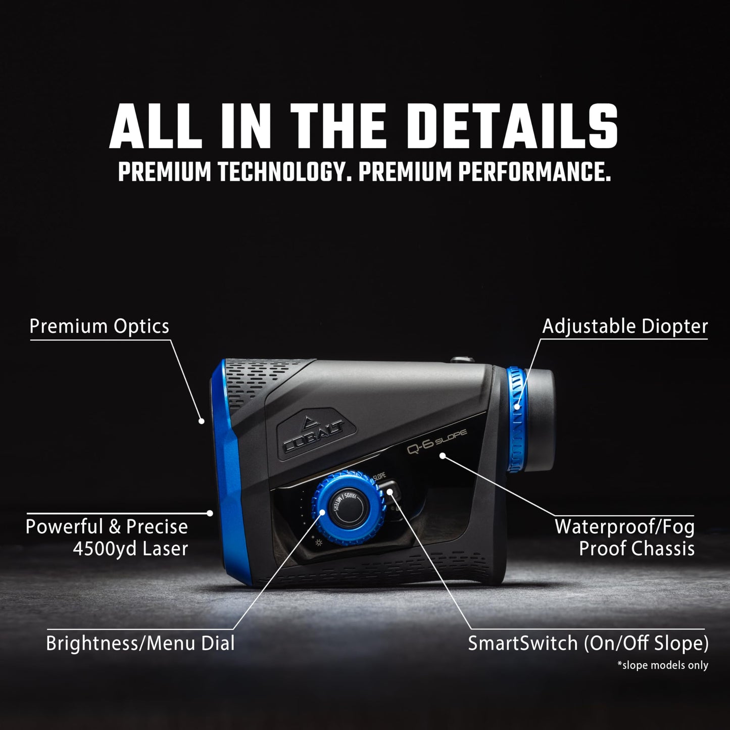 Cobalt Q-6 Golf Rangefinder Slope with Magnet | Tournament Legal, Precision Laser Technology, 7X Magnification, 2,500-yd Range, Pin & Vibration Lock, Waterproof, with Premium Case
