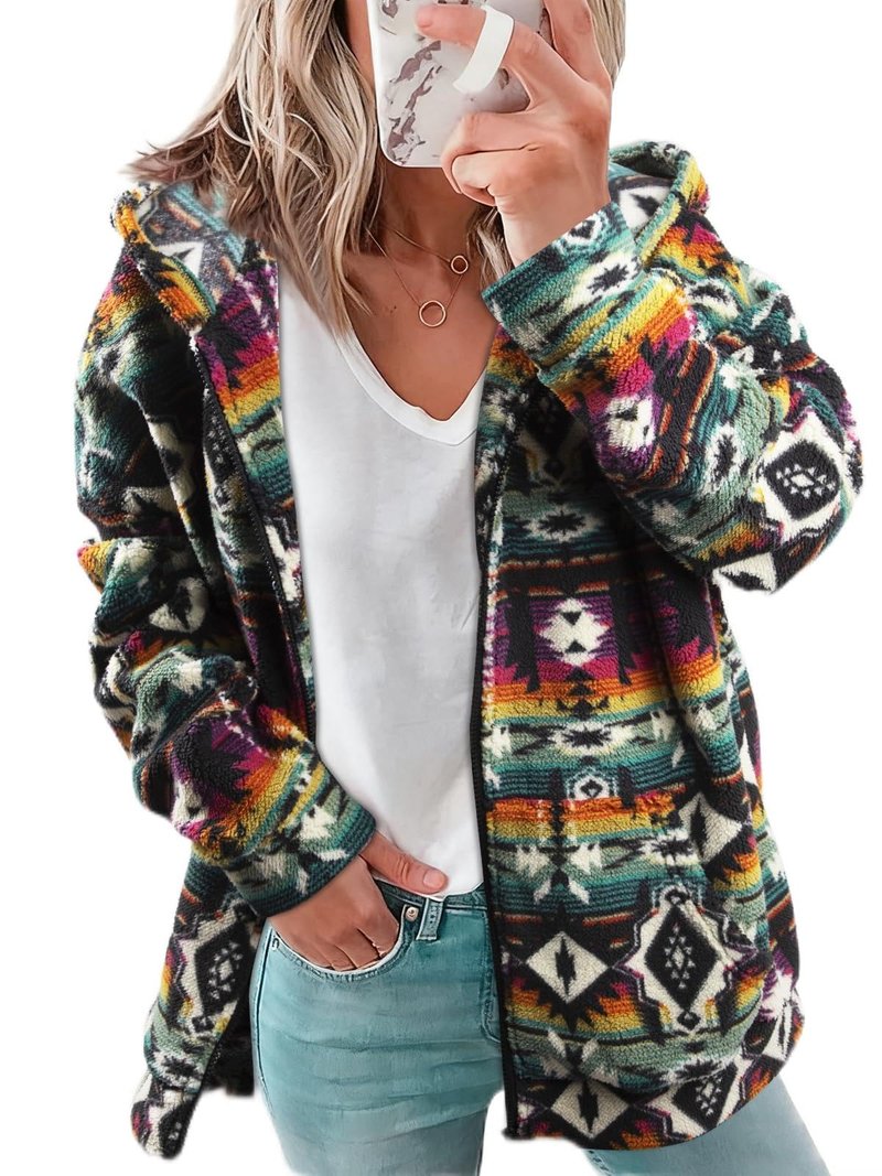 LUKYCILD Womens Western Aztec Print Zip up Hoodies Sweatshirt Sherpa Fleece Jacket Coat with Pockets Casual Warm Outwear