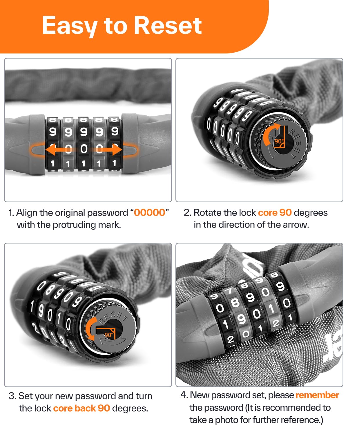 Sportneer 5 Digit Combination High Security Anti Theft Bike Chain Lock with 3.2ft Long - Heavy Duty Resettable Keyless Bicycle Lock for Bike, Bicycle, Motorcycle, Scooter