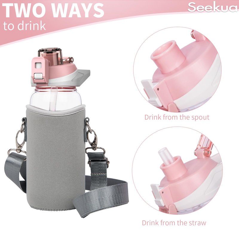 Seekua 20 oz Sports Glass Water Bottle with Straw & Time Marker, Motivational Kids Daily Glass Drinking Bottle with Strap for Children, School
