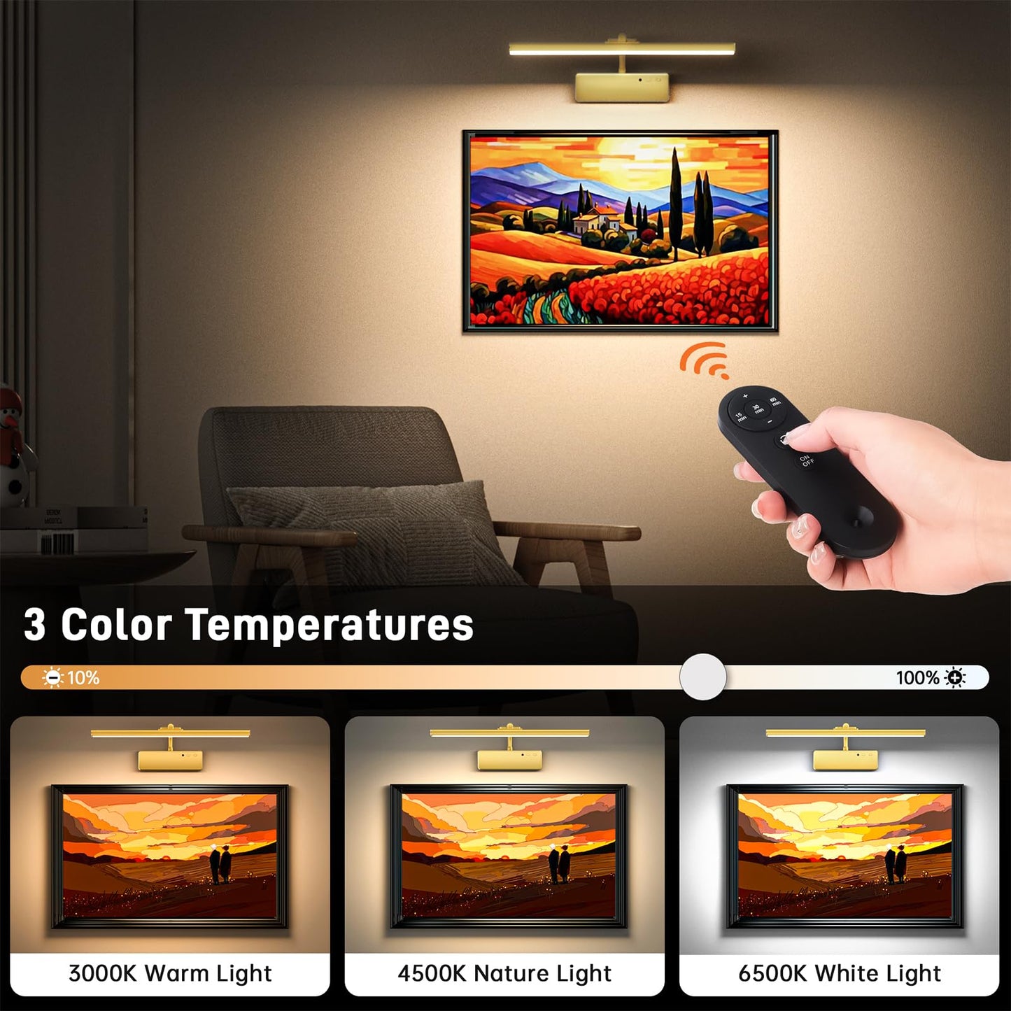 Picture Light, 15.35inch Wireless Picture Lights for Wall Rechargeable, 5400mAh Battery Wall Light with Remote, 3 Color Art Lighting for Paintings with Timer and Dimmable for Display, Gallery (Gold)