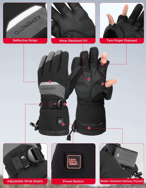 KEMIMOTO Heated Gloves Winter, Heating Motorcycle Gloves for Women Men with Flip Magnetic, Electric Rechargeable Battery 2pcs 7.4V, Touchscreen Water-Resistant for Fishing, Skiing, Hunting (L)