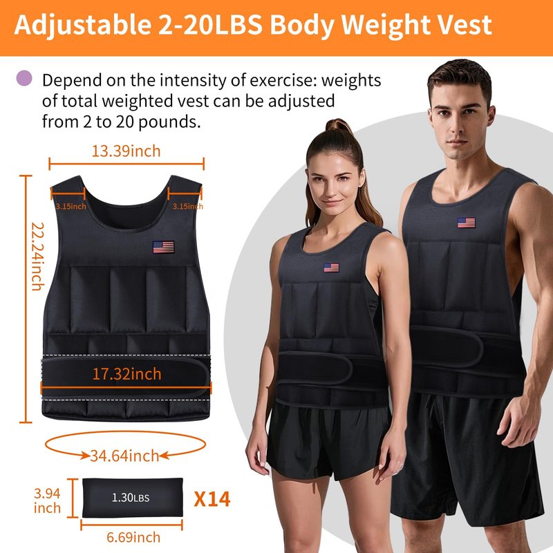 Wolliwa Adjustable Weighted Vest for Men Women,2-20 Lbs Adjustable Weights Weighted Vest with Straps Running Weight Vest Walking Strength Training Fitness,Black,14 PCS Sandbags,Each 1.27 Lbs