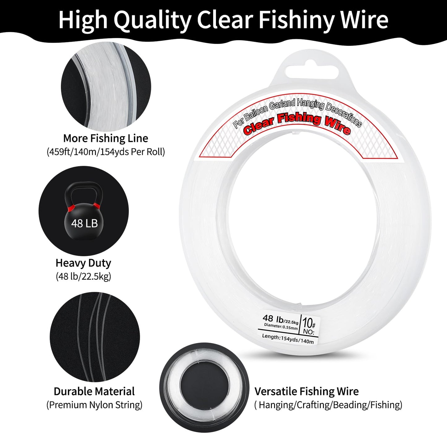 2Pcs Clear Fishing Wire 0.55 mm, 918FT Invisible Fishing Line Wire Nylon String Supports 48 Pounds for Hanging Balloon Garland, Picture, Jewelry Making Beading Threads Cords