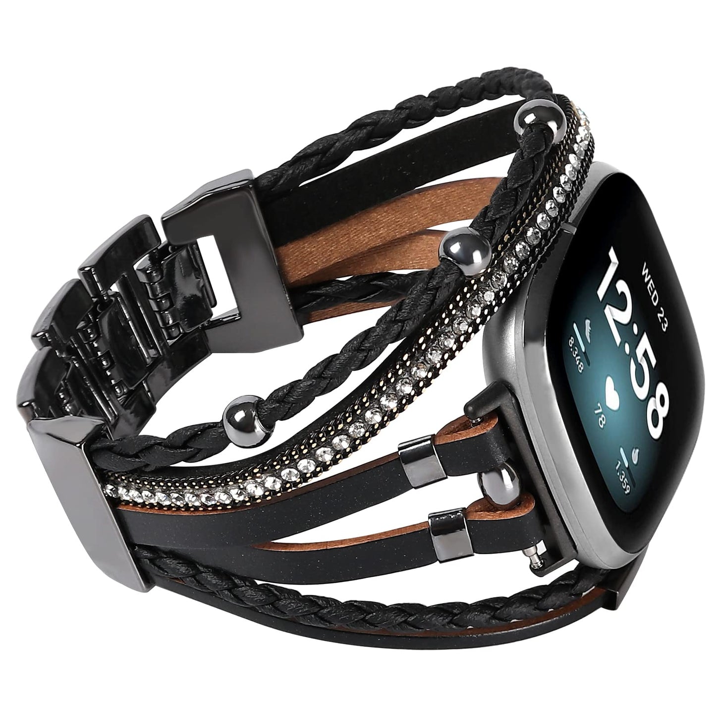 Posh Leather Bands Compatible with Fitbit Versa 3/Fitbit Sense, Women Boho Stylish Multilayer Wrap Bracelets Wristband, Handmade Adjustable Jewelry Strap for Sense/Versa 3 Smart Watch (Black)