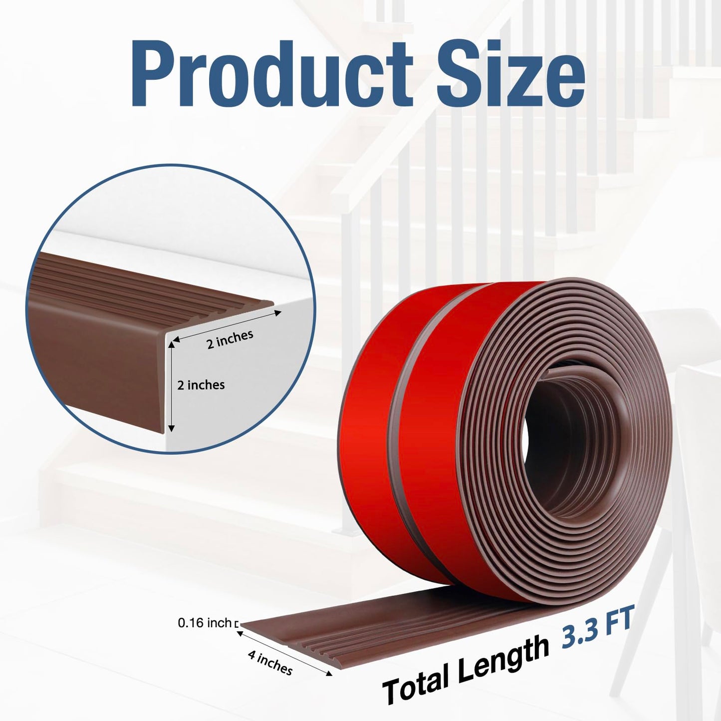 Stair Edge Trim Self Adhesive Vinyl Stair Nosing Molding Trim Non-Slip Rubber Nose Protector Peel and Stick Anti-Slip Edging for Indoor & Outdoor Use (Brown, 4 in x 3.3 Ft)