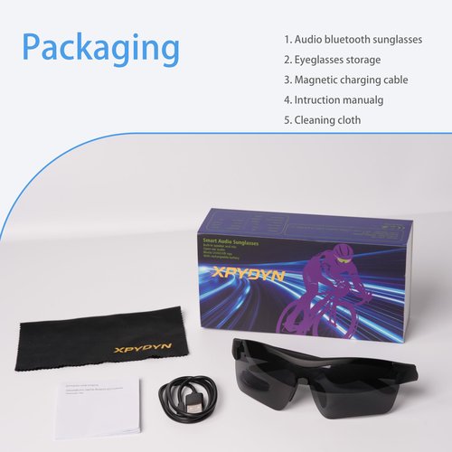 XPYDYN Bluetooth Sports Sunglasses - Smart Glasses with Built-in Audio & Speakers, Polarized UV Protection, Matte Black Frame, Smart Sunglasses for Running, Cycling, Driving, Fishing (Black)