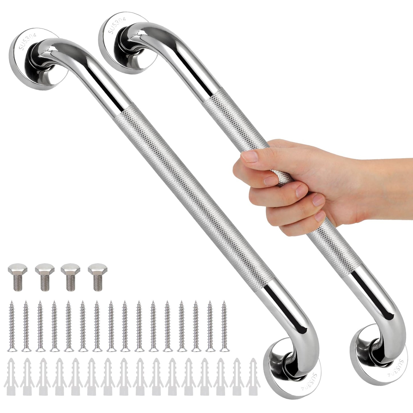 2 PCS Shower Grab Bars for Seniors, 16 Inch Anti Slip Shower Handle, Stainless Steel Bathroom Balance Bar, Safety Hand Rail Support, Assist Bath Handrails for Handicap, Elderly, Pregnant
