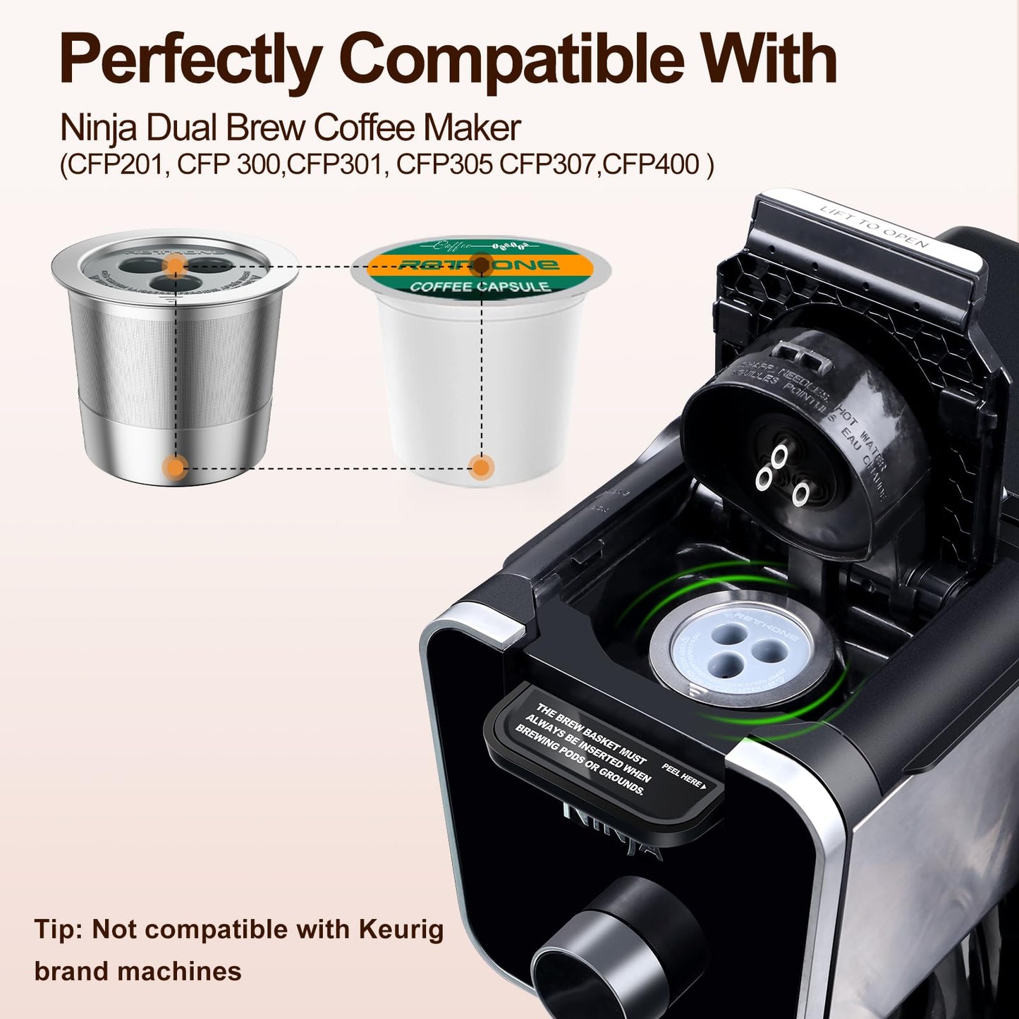 RETHONE Reusable K Cup Reusable Coffee Pods Compatible with Ninja Coffee Maker, Stainless Steel Reusable Coffee Filters for Ninja CFP201 CFP300 CFP301 CFP305 CFP307 CFP400 Dual Brew Pro (1 Pack)