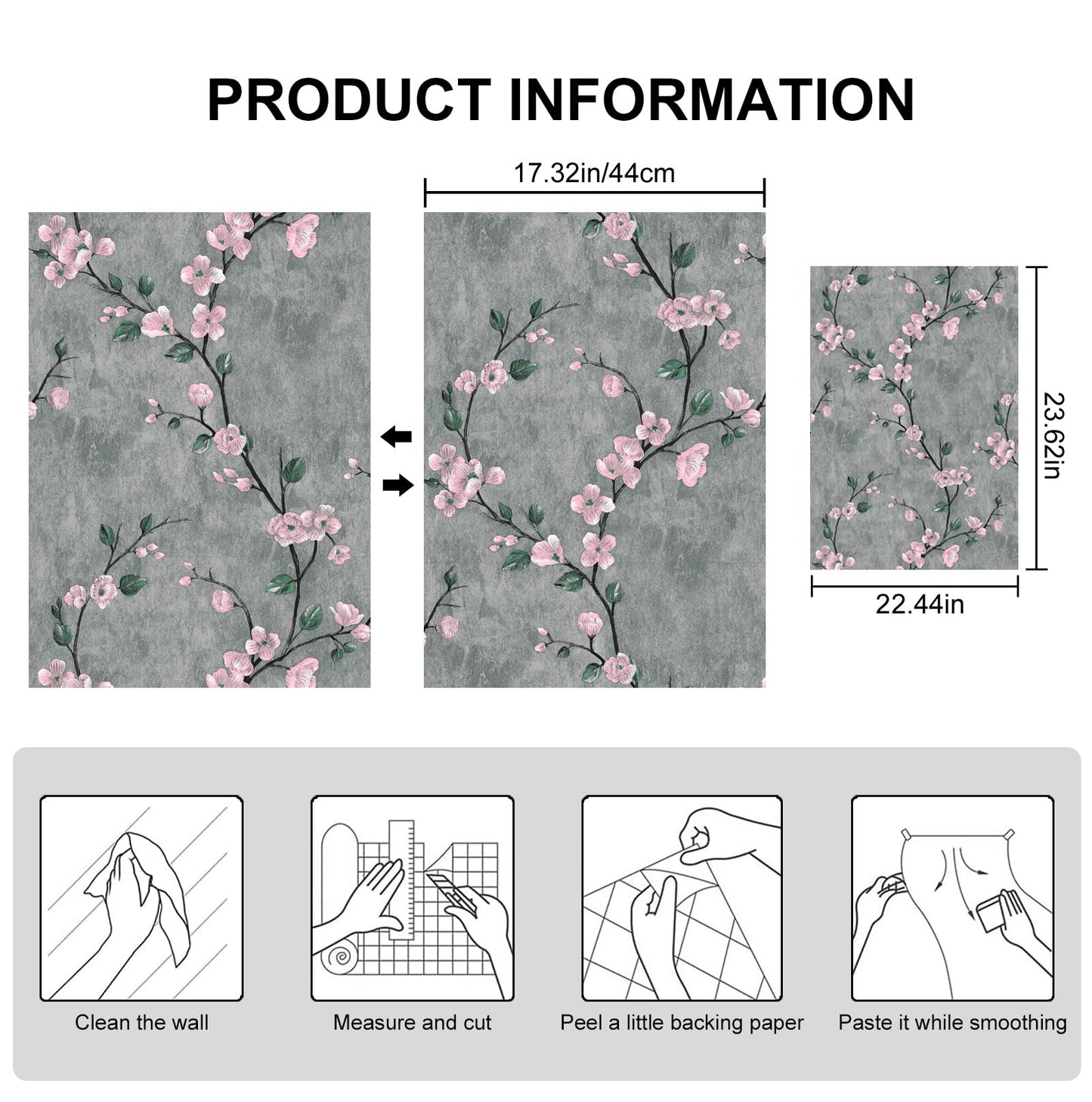 SOON AFTER 17.5"x120" Floral Peel and Stick Wallpaper Flower Tree Contact Paper Self Adhesive Removable Modern Grey Wall Paper Decorative Wall Covering Countertop Vinyl Film Roll