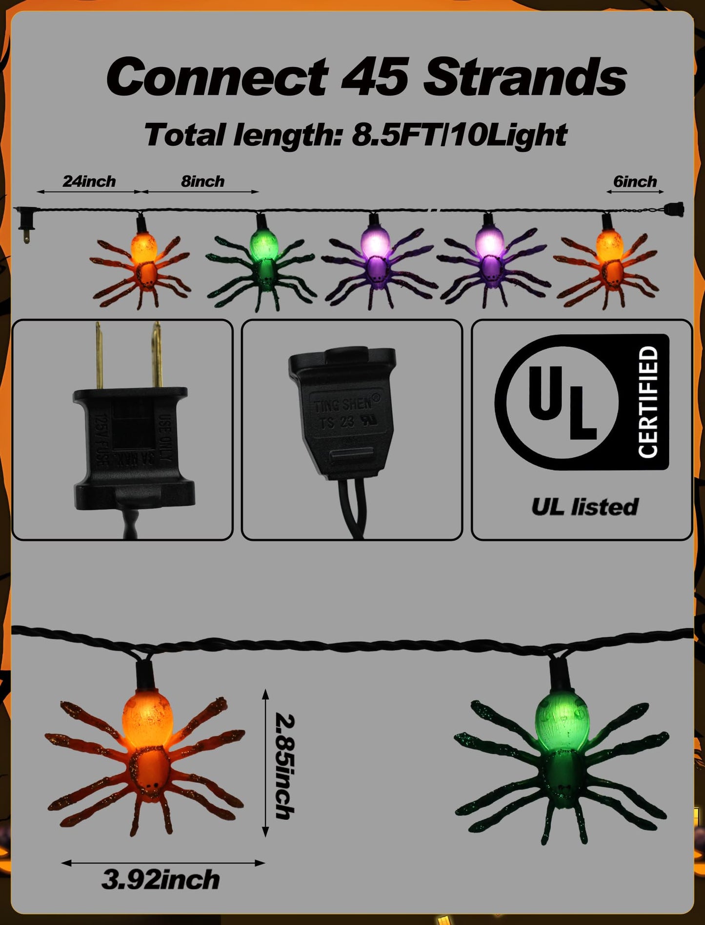 8.5Ft Halloween Spider String Lights Outdoor, Spider Hanging Light with 10 LED Spiders, Halloween Theme Fairy Lights for House Decoration Yard Patio Window Porch Indoor Party Decor