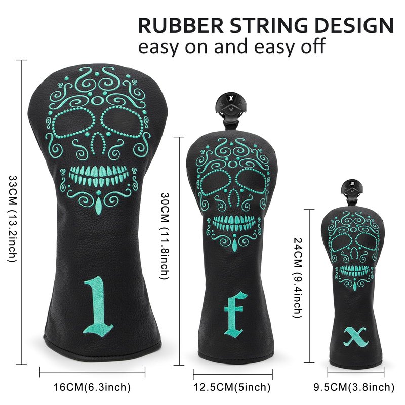 Black Golf Club Covers Skull Embroidery Driver Headcover Fairway 3 Wood Headcover Hybrid Headcover for Your Selection fits for All Brands (for hybrids(1pc))
