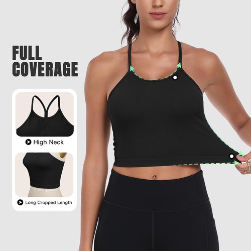 VEQKING 3 Pack Sports Bras Women High Neck Seamless Ribbed Longline Light Impact Yoga Tank Top with Built-in Bra Spaghetti Strap Racerback Breathable Removable Padded Workout Top