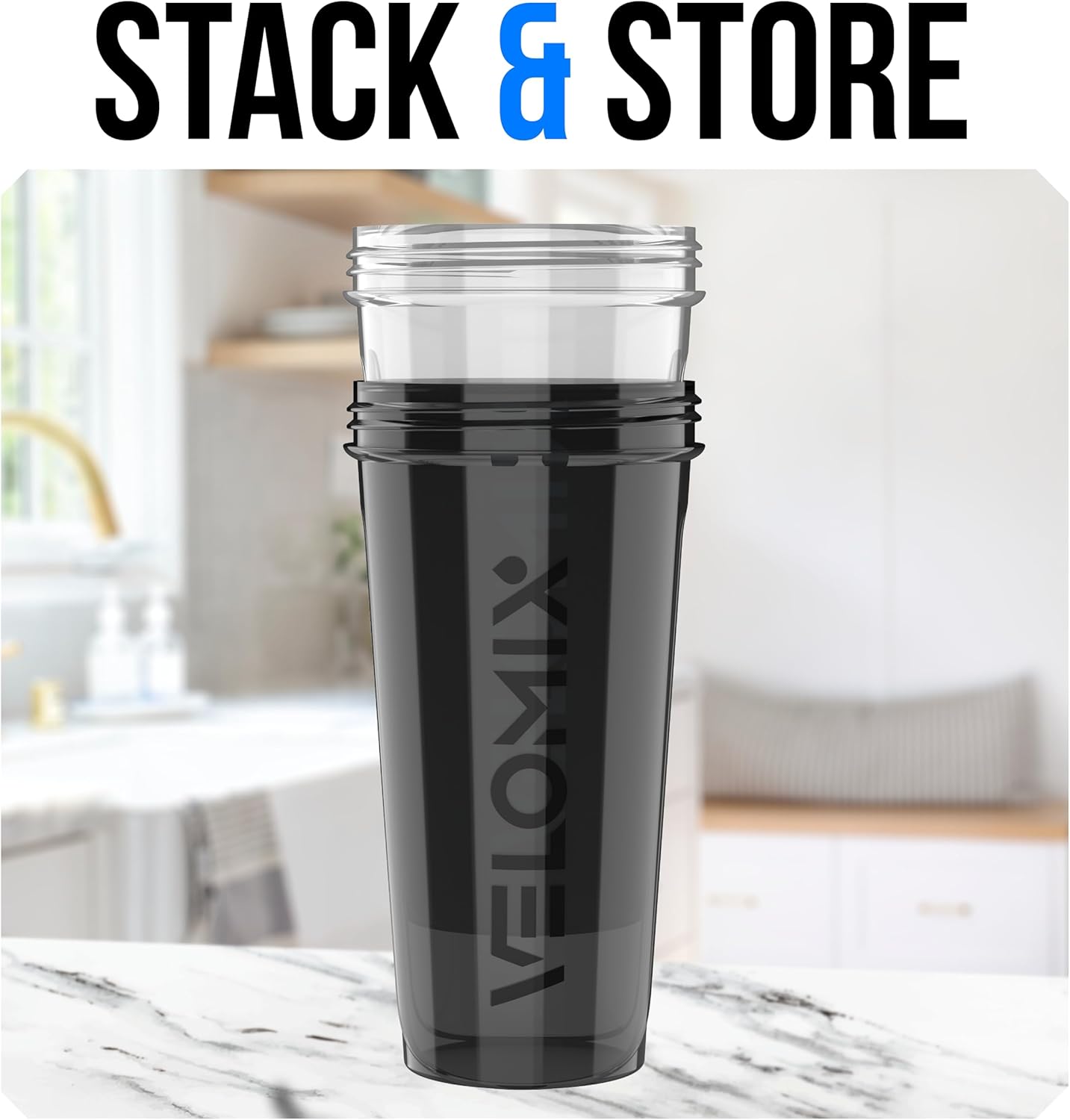 Velomix Protein Shaker Bottles - 28 oz Leak Proof Cups with 2x Wire Whisk | 2 Pack (Black/Transparent)