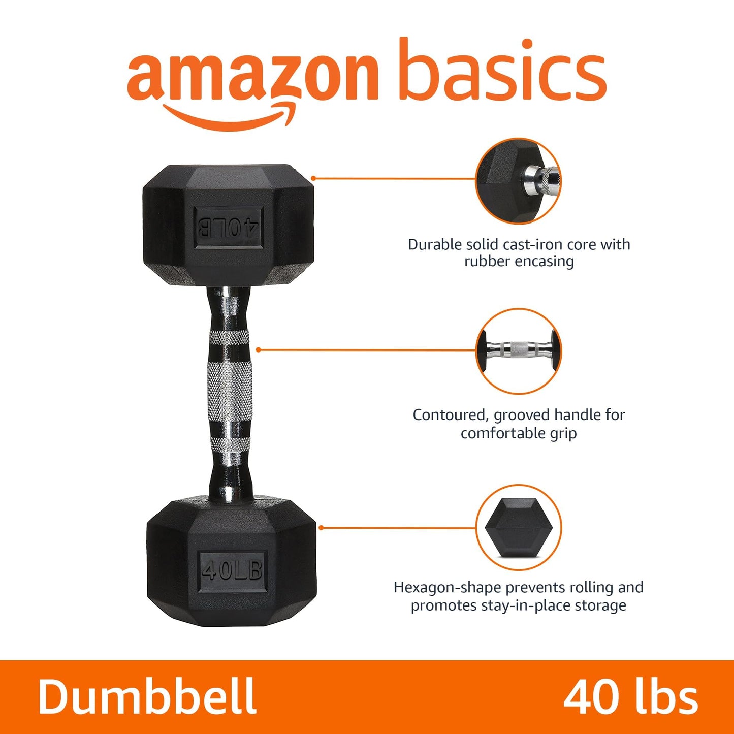 Amazon Basics Rubber Hex Dumbbell Weight with Comfortable Handle for Home Gym Workout, 40 pound, Single, Black