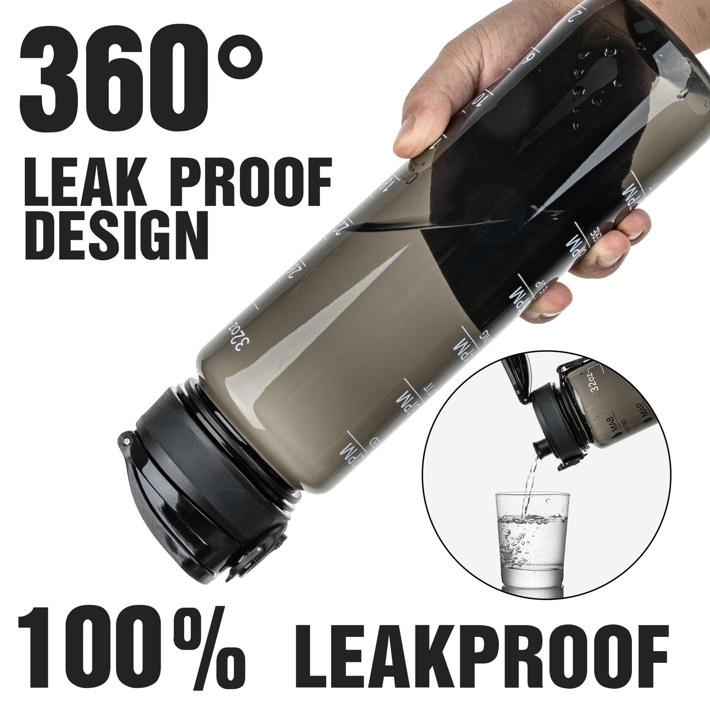 OLDLEY Water Bottle 32oz, Durable and Leakproof Water Bottles Motivational with Time Marker, Tritan, BPA Free, Wide Mouth, Gym, Travel, Home, School, Office, Clear Black