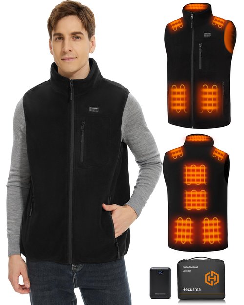 Hecusma Fleece Heated Vest for Men with Battery Pack 16000mAh 7.4V, Warming Mens Heated Vest, Fleece Heating Vests for Men Hunting-Black, L