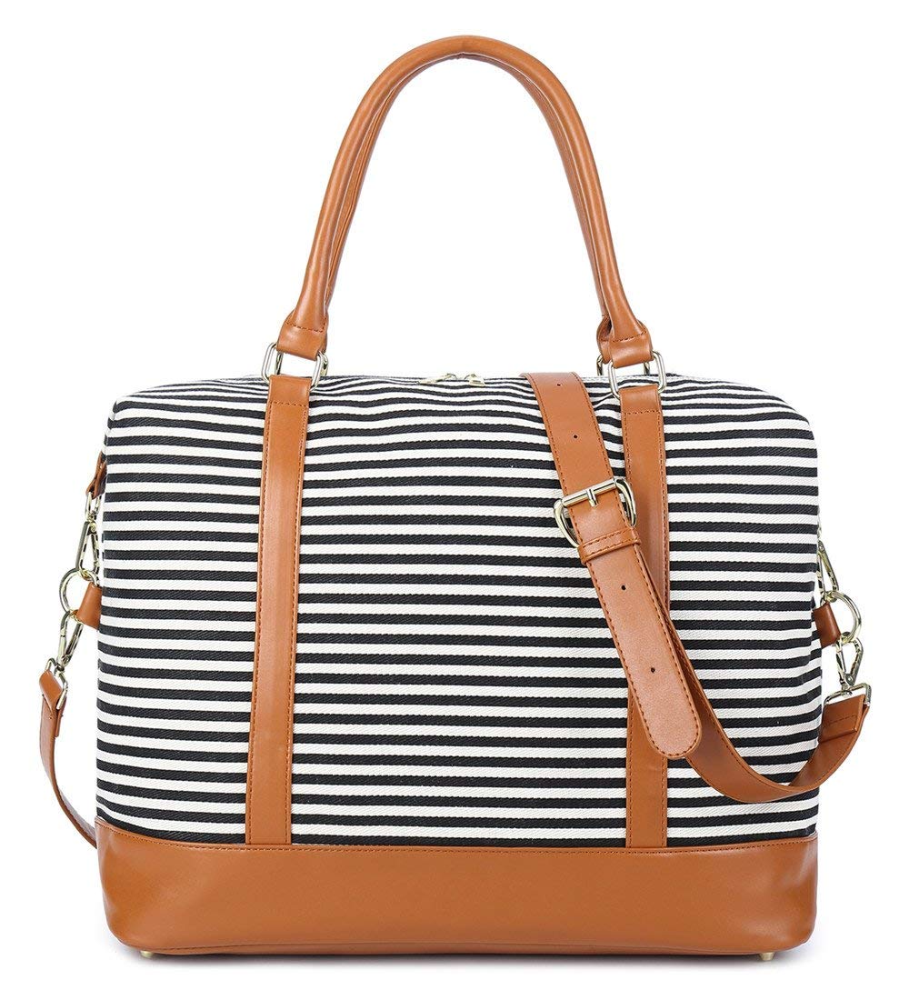 CAMTOP Women Ladies Travel Bag Canvas Weekend Overnight Carry On Luggage Bags(Black and White Stripe)
