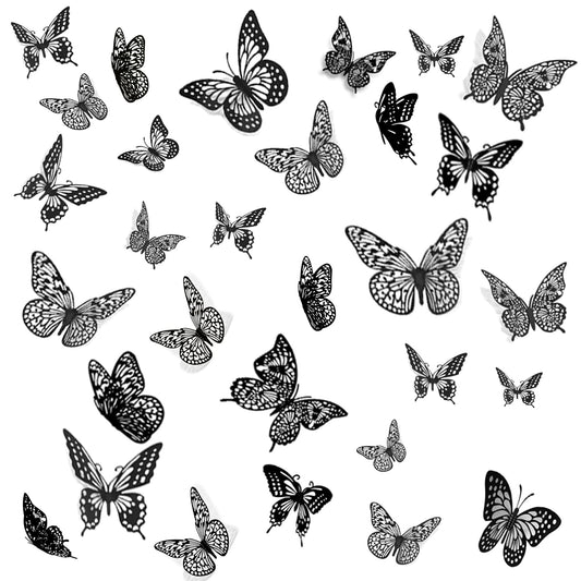 3D Butterfly Wall Decorat 48 Pcs 3 Sizes 4 Styles, Birthday Decorations Butterflies Party & Cake Decoration-Removable Gold Decorations (Black48 pcs)