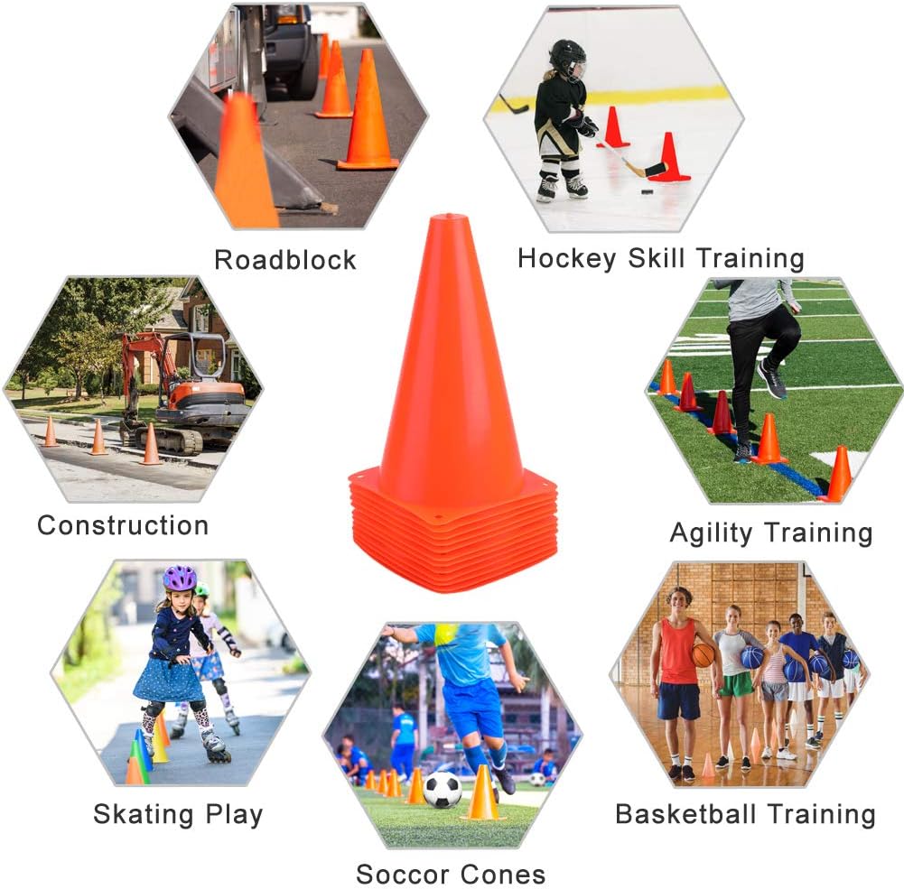 Sport Cones | 9 Inch Plastic Training Traffic Cones for Soccer, Basketball & Football Drills - Set of 10, 12, 15, or 24 in 4 Colors