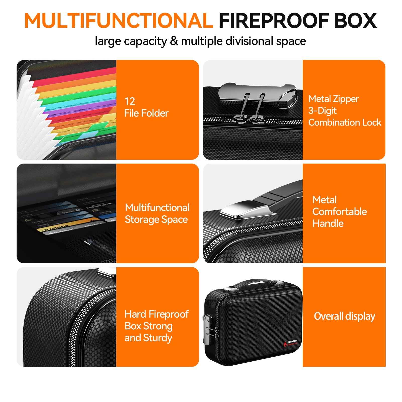 Fireproof Document Box with Lock, Large Hard Fireproof File Organizer Heat Insulated Fireproof Waterproof Box Portable Home Travel Safe Storage for Important Documents Files Laptop Passports Black