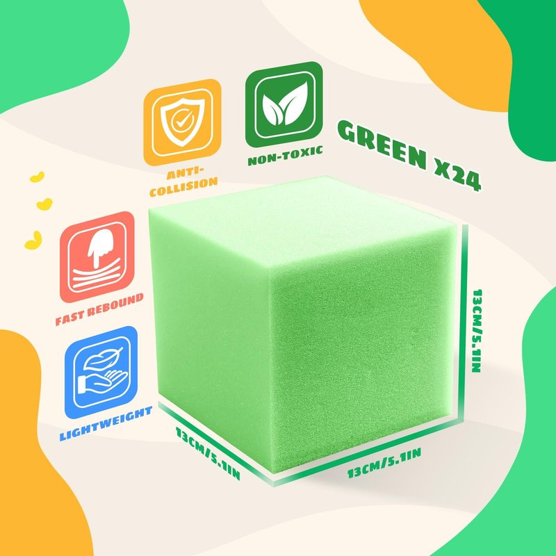 TAYUQEE Foam Pit Cubes, 24 PCS 5 Inches Gymnastics Foam Blocks Trampoline Blocks, Multi-Sport Protective Padding for Freerunning, Trampoline, Parkour, Skate Parks & BMX - Green