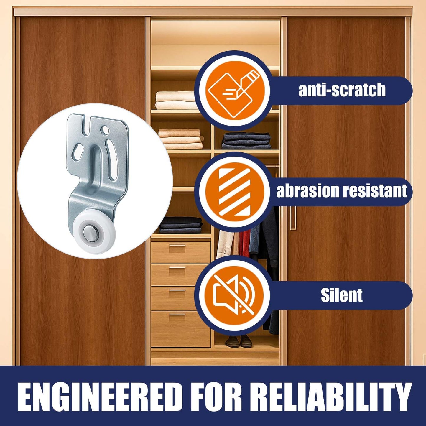 Top-Hung Sliding Door Hardware Wardrobe Roller Kit,Includes 4 Roller Wheels for Bypass Closet and Kitchen Doors, Compatible with 3/4" to 1-3/8" Thick Sliding Door