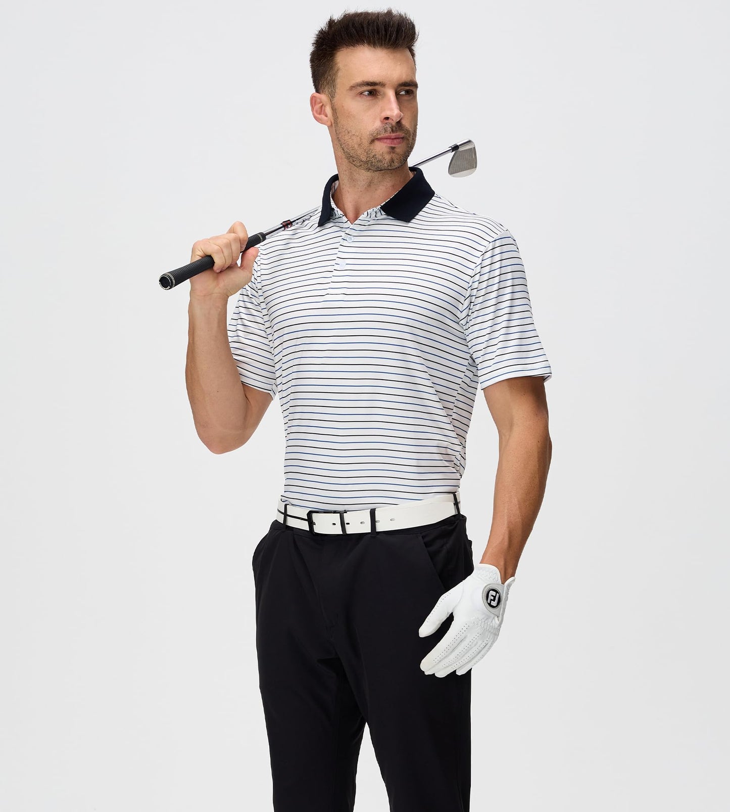 Esabel.C Golf Shirts for Men Striped Dry Fit Performance Active Polo Shirts Short Sleeve Moisture Wicking,11079White/Balck,XL